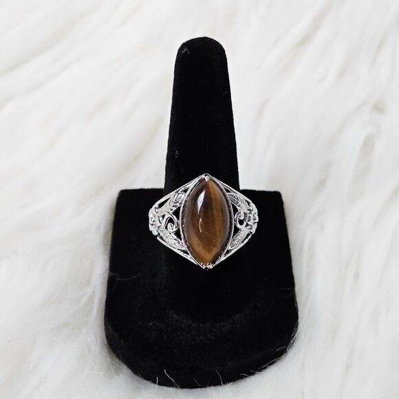 Silver Tone Tigers Eye Gemstone Solitaire New Stainless Steel Ring - Picture 4 of 7